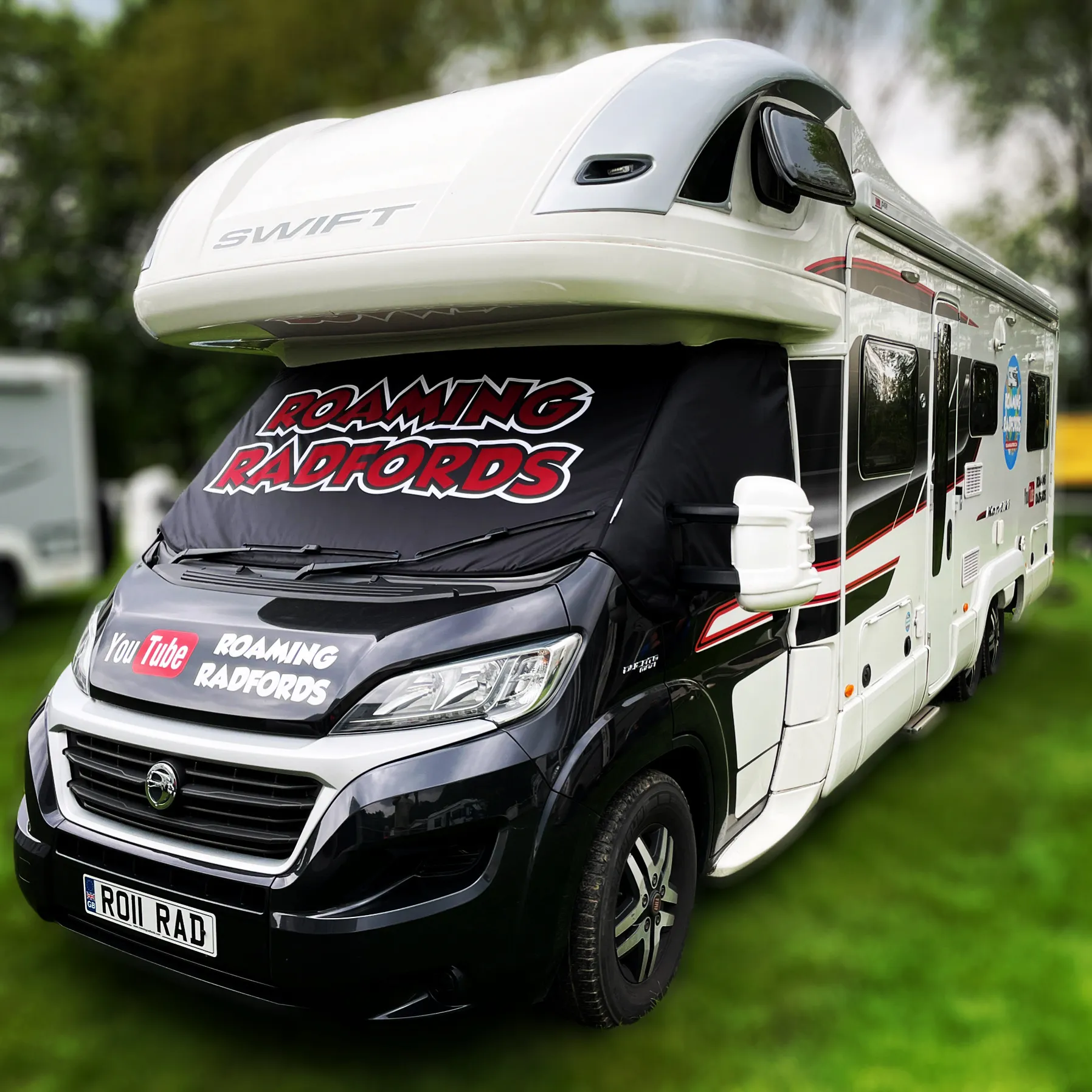 The Roaming Radfords motorhome with the brand wrap on the front